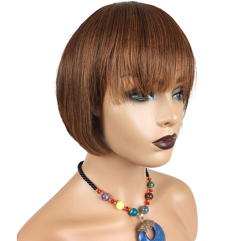 8 Inches / #4/27 Short Pixie Cut Human Hair Wig Honey Blonde Ombre Brown Machine Made Human Hair Bob Hard Lace Wig with Bangs