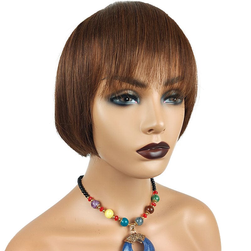 8 Inches / #4 Short Pixie Cut Human Hair Wig Honey Blonde Ombre Brown Machine Made Human Hair Bob Hard Lace Wig with Bangs