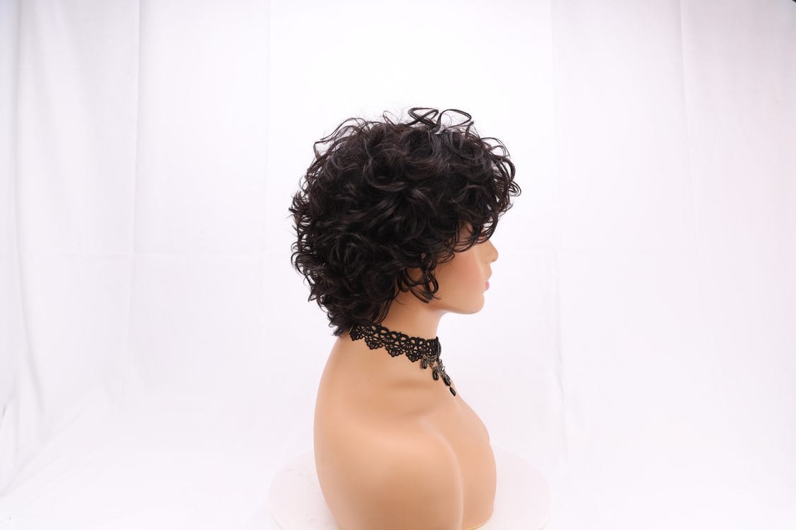 8 Inches / Black 8inches Short Pixie Afro Curly Bun Machine Made Wavy Hair Wig Custom For Wholesale