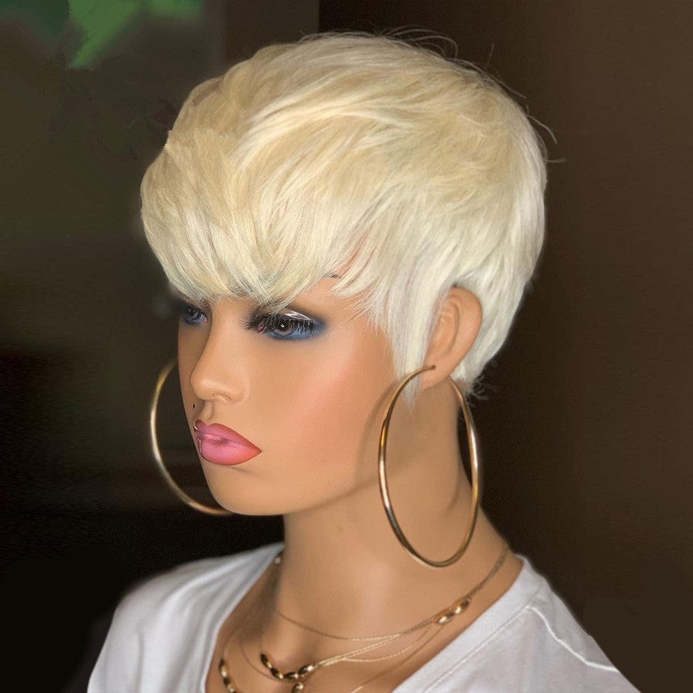 8 Inches / blonde Daily Wear 613 Honey Blonde Wig Bob Pixie Cut Full Machine Made Non Lace Wigs With Bangs Glueless Wig for Black Women Remy