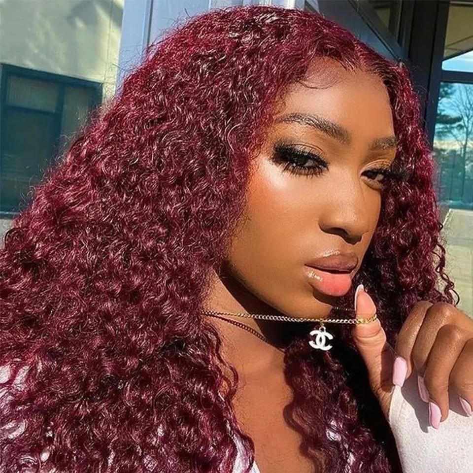 8 Inches / bug curly Burgundy Mixed Red Lace Front Wigs Body Wave Human Hair Cuticle Aligned Natural Hairline Hair Transparent Lace Wigs