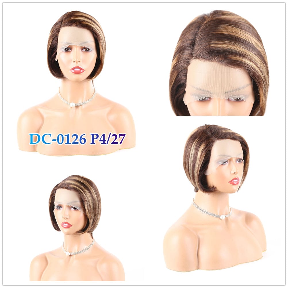 8 Inches / DC-0126 P4/27 8 Inch Brazilian Vrigin Remy Short Pixie Cut Lace Front Human Hai Bob Wigs for Black Women