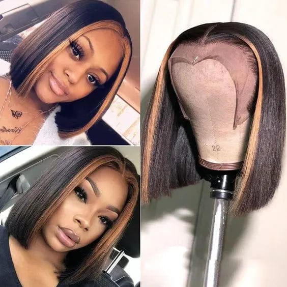 8 Inches / highlight black 4*4 lace closure Hot Selling Highlight Brown Wavy Short Bob Wig Human Hair Lace Front Wigs T-part Wigs