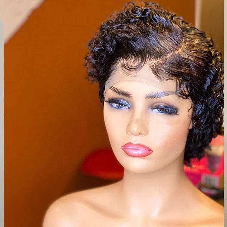 8 Inches Natural Black Short Curly Brazilian Cuticle Aligned Raw Virgin Hair Pixie Cut Lace Front Wigs