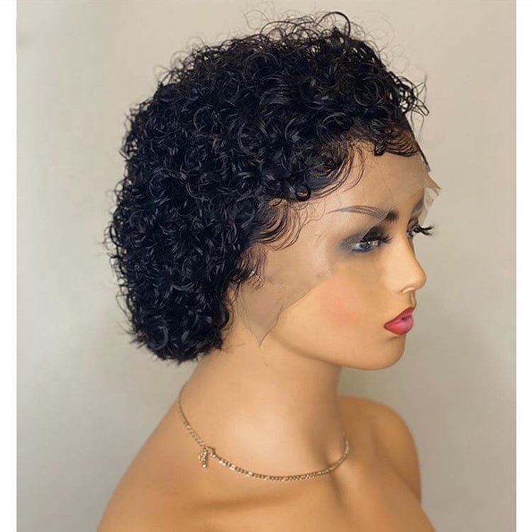 8 Inches Natural Black Short Curly Brazilian Cuticle Aligned Raw Virgin Hair Pixie Cut Lace Front Wigs