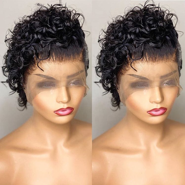 8 Inches Natural Black Short Curly Brazilian Cuticle Aligned Raw Virgin Hair Pixie Cut Lace Front Wigs