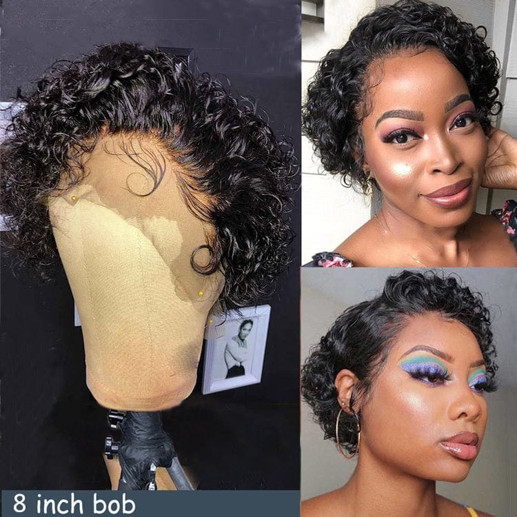 8 Inches Natural Black Short Curly Brazilian Cuticle Aligned Raw Virgin Hair Pixie Cut Lace Front Wigs