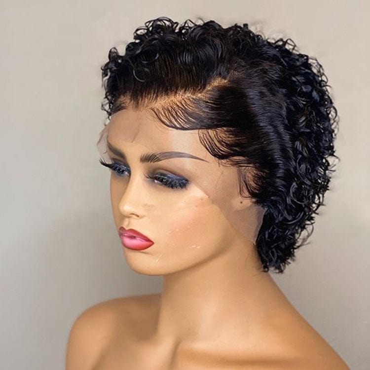 8 Inches Natural Black Short Curly Brazilian Cuticle Aligned Raw Virgin Hair Pixie Cut Lace Front Wigs