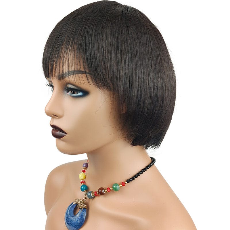 8 Inches / natural black Short Pixie Cut Human Hair Wig Honey Blonde Ombre Brown Machine Made Human Hair Bob Hard Lace Wig with Bangs