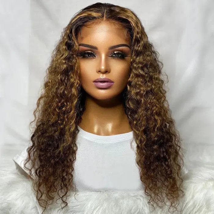 8 Inches / # style1 Pre Plucked With Baby Hair Brown Highlight Deep Curly Wig Virgin Human Hair Transparent HD Lace Front Wig