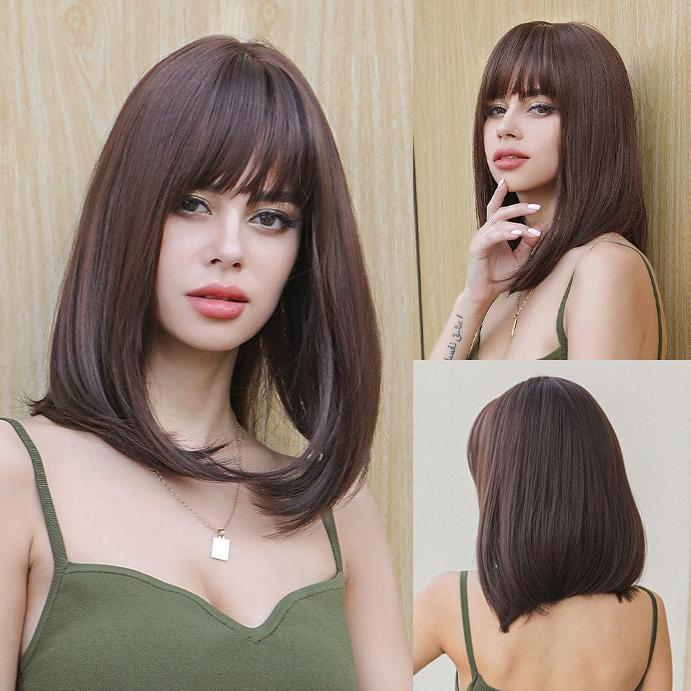 8017-1 Factory Price Direct Sales Dark Brown Short Pixie Cut Synthetic Wigs with Bangs Daily/Party Wig Machine Made Heat Resistant Hair