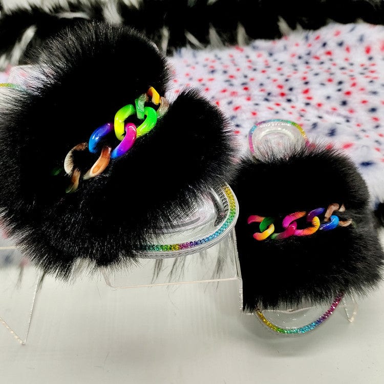 9.5 / Black 1 2022 Summer Women Flat Fur Slides for Women Rhinestone Casual Slides Jelly Sandals Ladies Fluffy Slippers