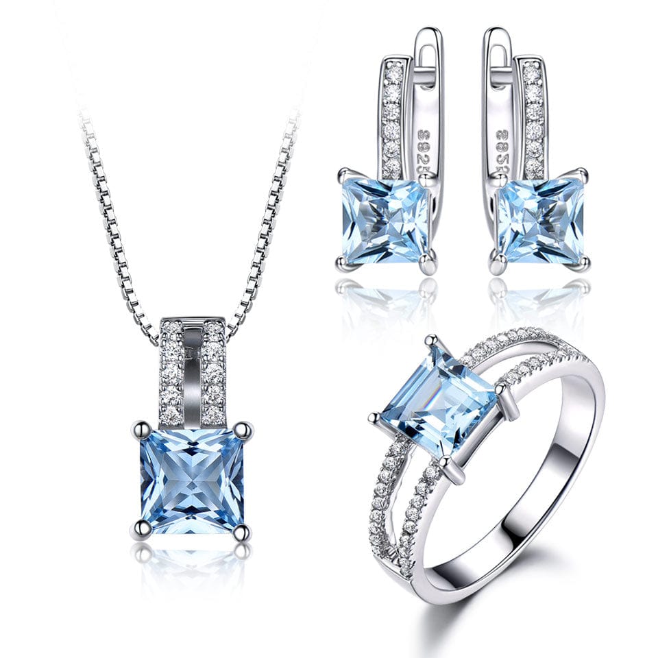 9 / Blue Genuine 925 Sterling Silver Jewelry Sets for Women Gemstone Emerald Ring Pendant Stud Earrings Wedding Engagement Jewelry