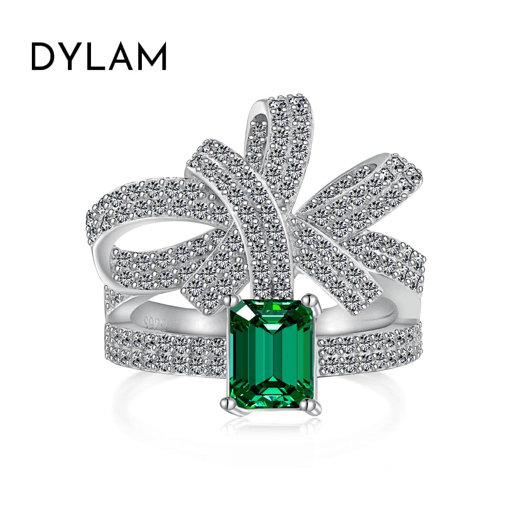 9 / DY120785-S-W-WG Dylam New Design Fashion Fine Jewelry 925 Sterling Silver Rhodium Plated Women Emerald 5A Cubic Zirconia Bow Knot Rings