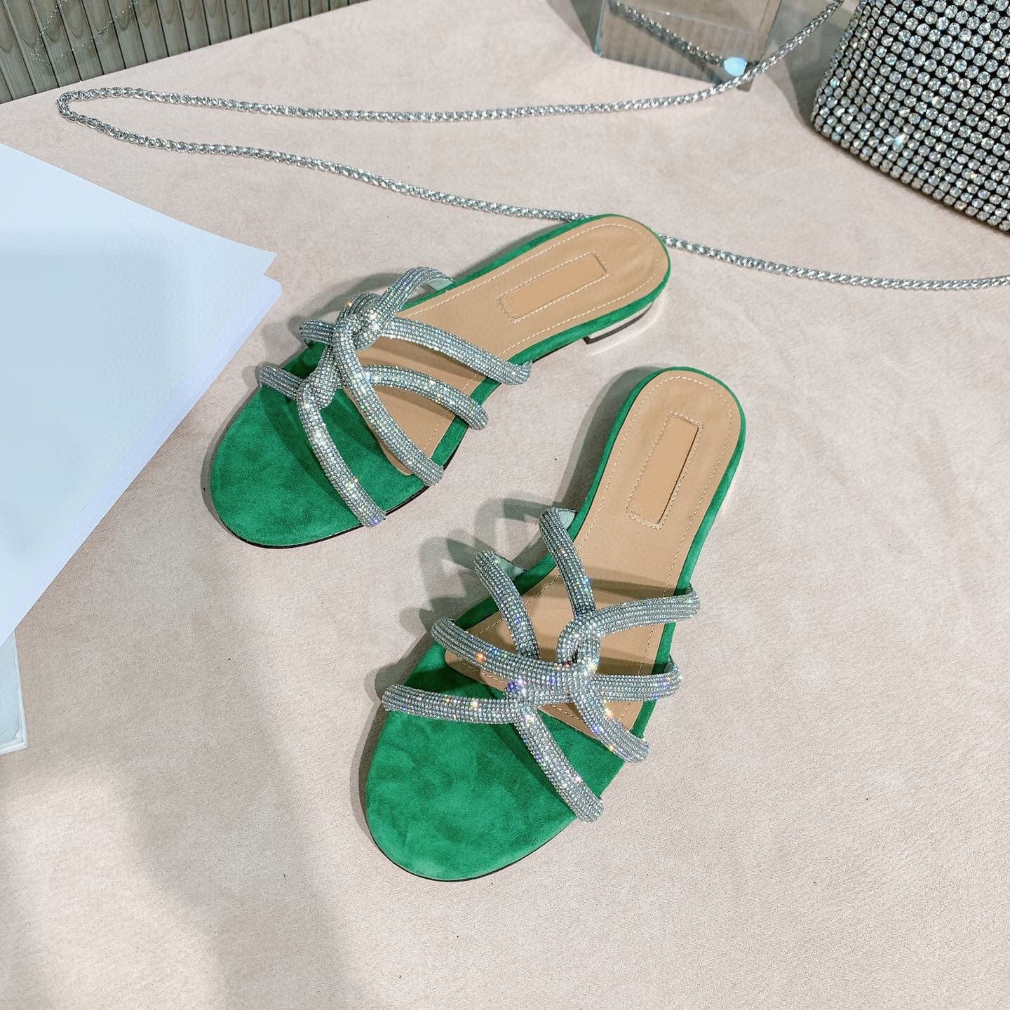 9 / green TX Women's summer slippers thick-heeled flip-flops square toe  thick-soled sandals  non-slip candy plastic jelly shoes