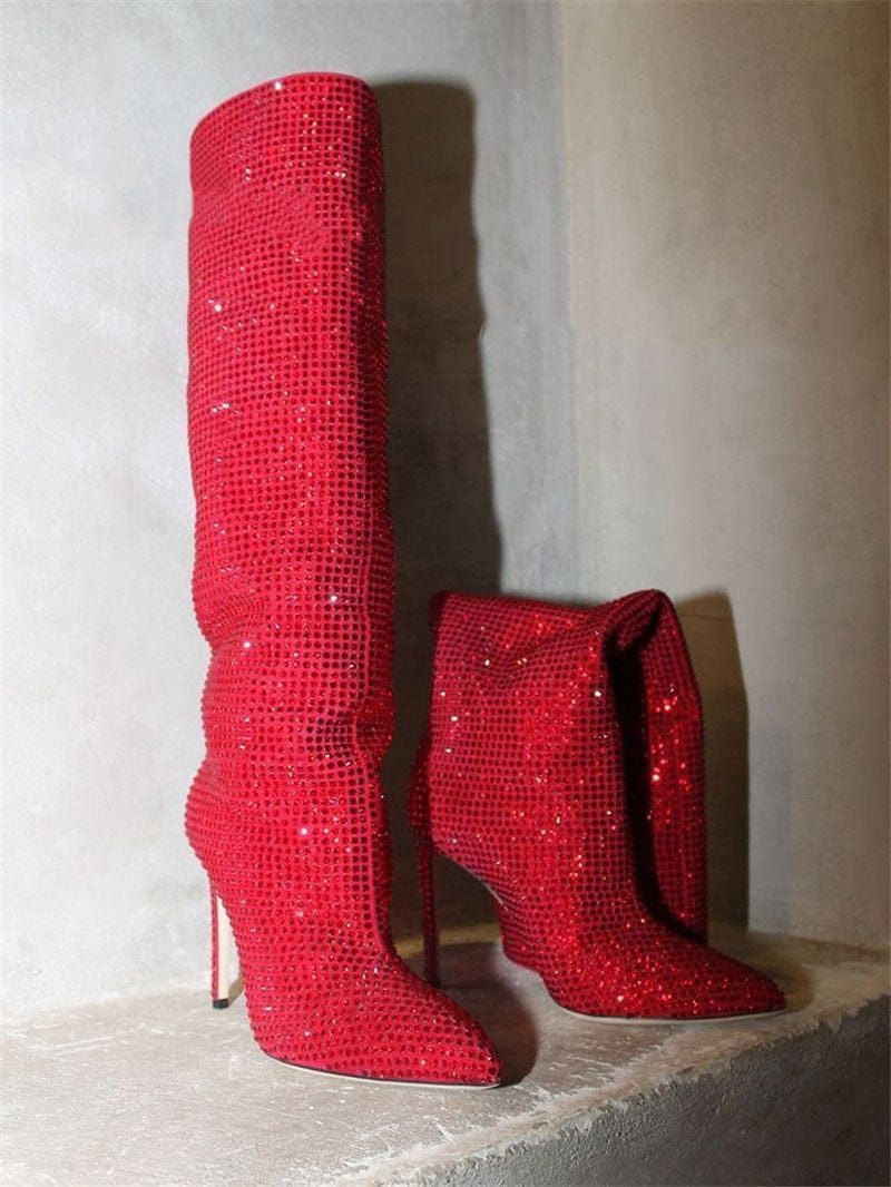 9 / Red TX High Heel Rhinestone Point Toe Knee Boots Plus Size Women Boots