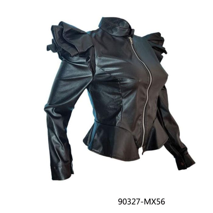 90327-MX56 Short Style Ruffles black leather Jackets For Women sehe fashion