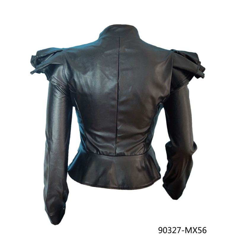 90327-MX56 Short Style Ruffles black leather Jackets For Women sehe fashion