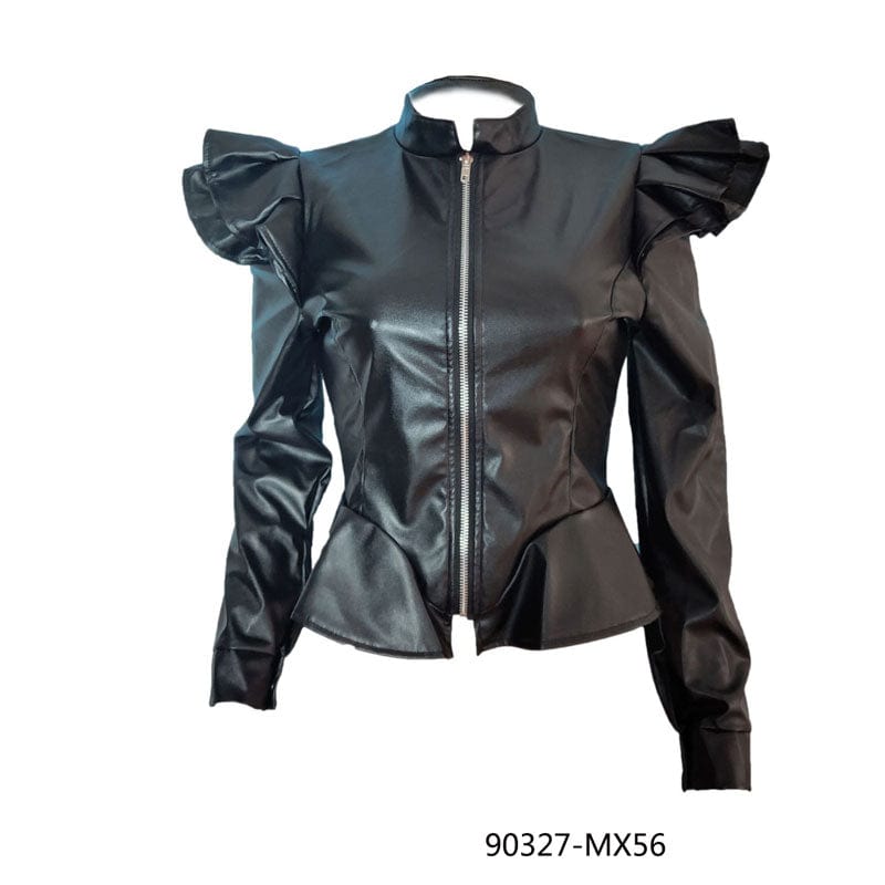 90327-MX56 Short Style Ruffles black leather Jackets For Women sehe fashion