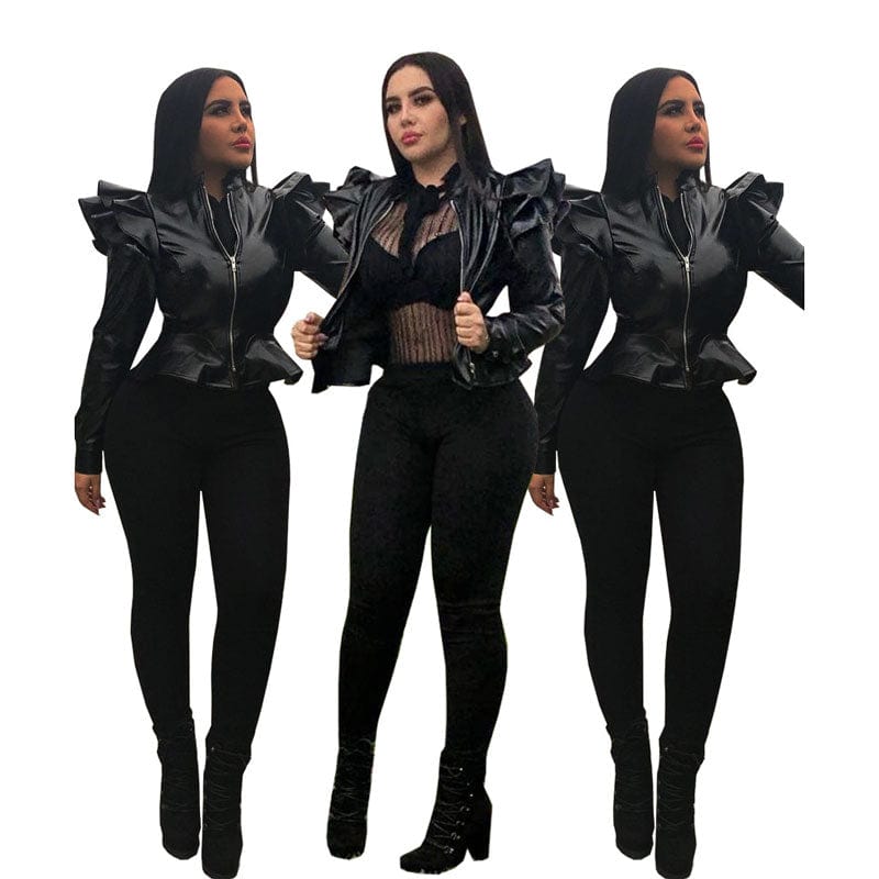 90327-MX56 Short Style Ruffles black leather Jackets For Women sehe fashion