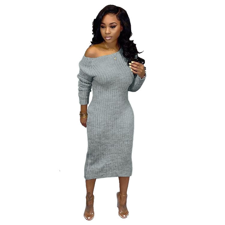 91012-MX100 autumn winter knitting long sleeve midi maxi dresses ladies