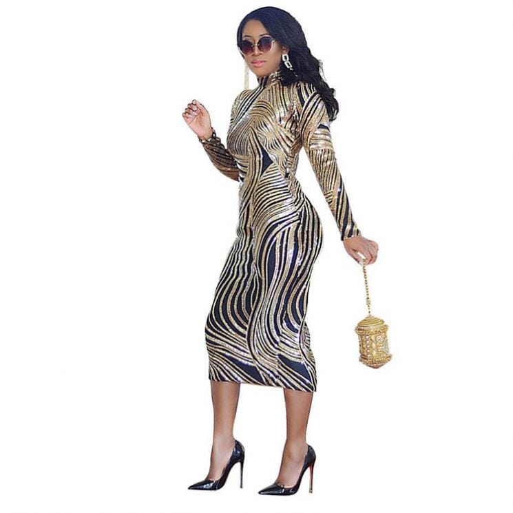 9S03864 design fashion round neck long sleeve sequin Ladies Woman Dress Sexy