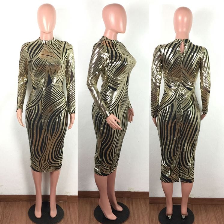 9S03864 design fashion round neck long sleeve sequin Ladies Woman Dress Sexy