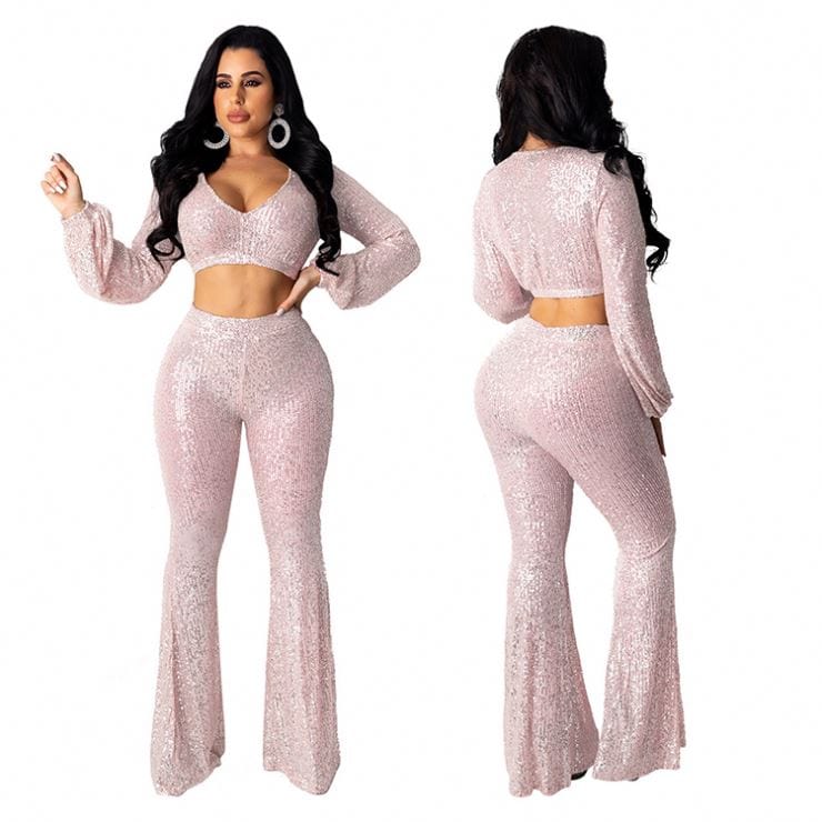 9S03879 popular sexy crop top flared pants sequin Clothing Two Pieces Outfits For Women