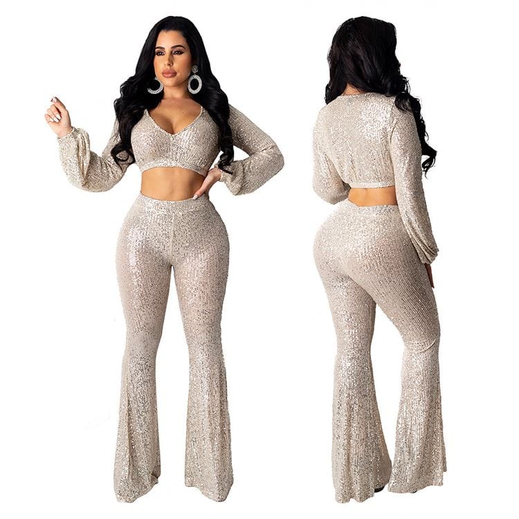 9S03879 popular sexy crop top flared pants sequin Clothing Two Pieces Outfits For Women