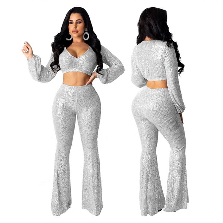 9S03879 popular sexy crop top flared pants sequin Clothing Two Pieces Outfits For Women