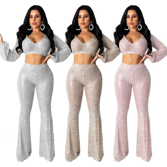 9S03879 popular sexy crop top flared pants sequin Clothing Two Pieces Outfits For Women