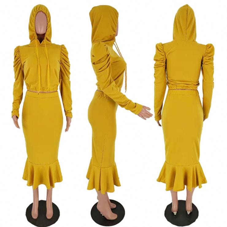 9S03912 newest design hooded petal sleeve top fishtail 2019 Ladies Two Piece skirt Set Women Clothing