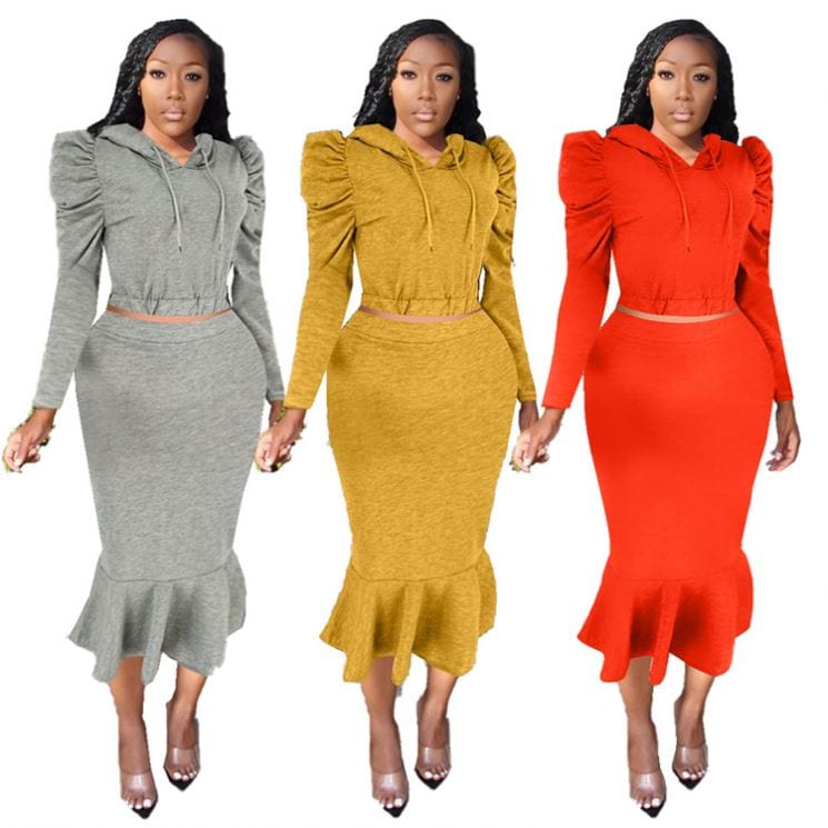 9S03912 newest design hooded petal sleeve top fishtail 2019 Ladies Two Piece skirt Set Women Clothing