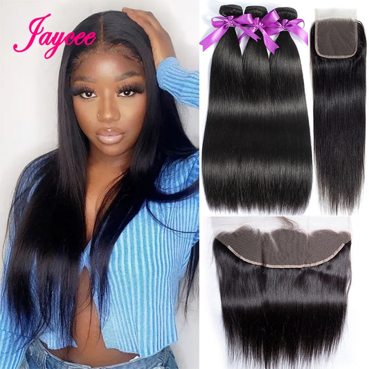 Straight Bundles With Frontal 100% Unprocessed Virgin Human Hair Bundles With Closure Raw Indian Hair Weave Extensions Remy Hair - SN Wigs & More