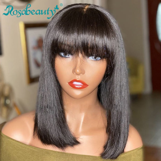 Rosabeauty Natural Brazilian Bob Wig Straight Hair Dark Colored With Bangs  Full Machine Made For Black Women - SN Wigs & More