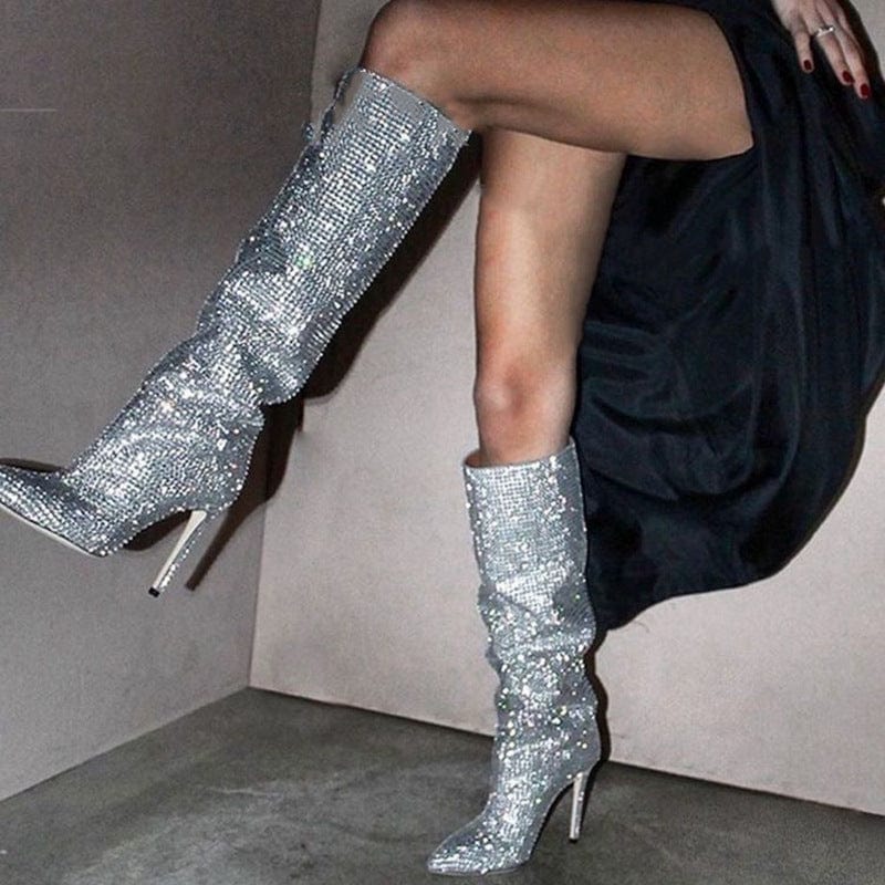 TX High Heel Rhinestone Point Toe Knee Boots Plus Size Women Boots