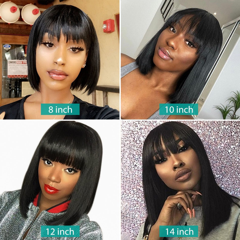 Rosabeauty Natural Brazilian Bob Wig Straight Hair Dark Colored With Bangs  Full Machine Made For Black Women - SN Wigs & More