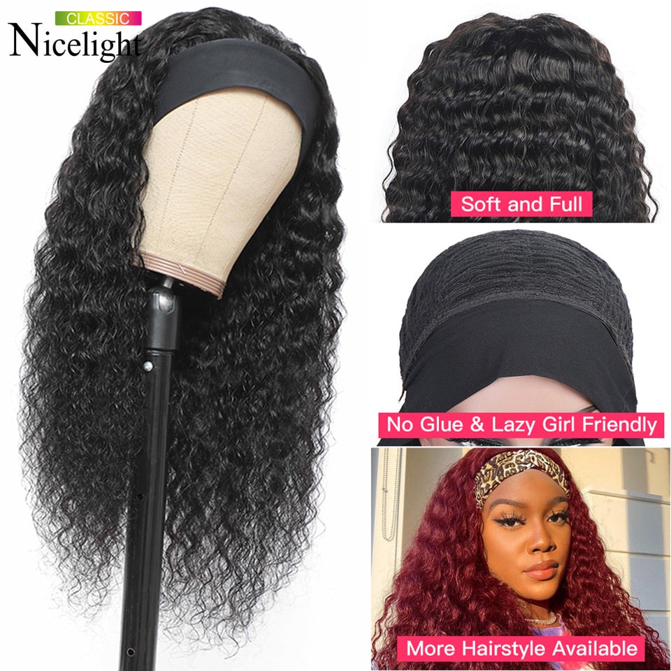 Deep Wave Headband Wigs Human Hair Wig Grip Headband Nicelight Brazilian Curly Headband Wigs Glueless Remy Hair With Headband - SN Wigs & More