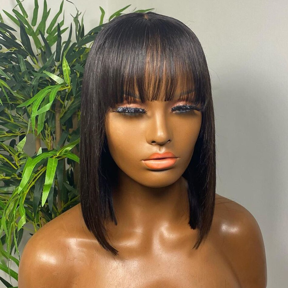 Rosabeauty Natural Brazilian Bob Wig Straight Hair Dark Colored With Bangs  Full Machine Made For Black Women - SN Wigs & More