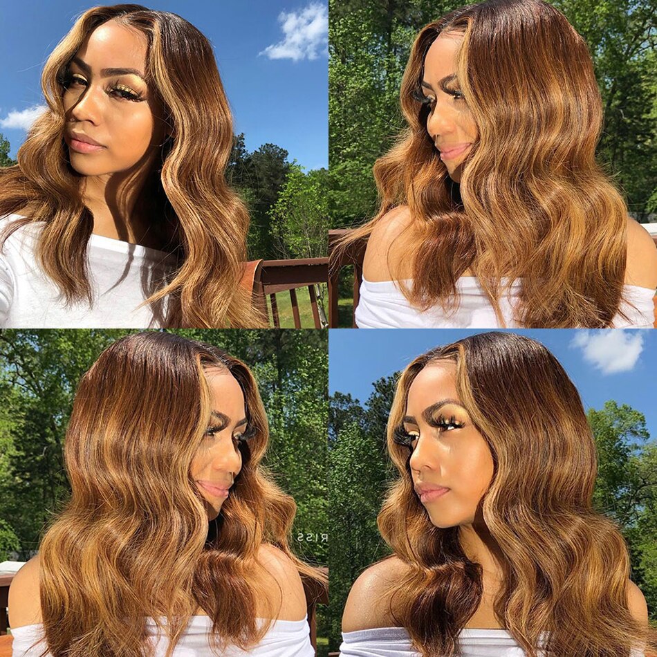 13x4 Highlight Body Wave Lace Frontal Human Hair Wigs 30 Inch P4/27 HD Lace Front Wigs Pre Plucked Honey Blonde T Lace Front Wig - SN Wigs & More