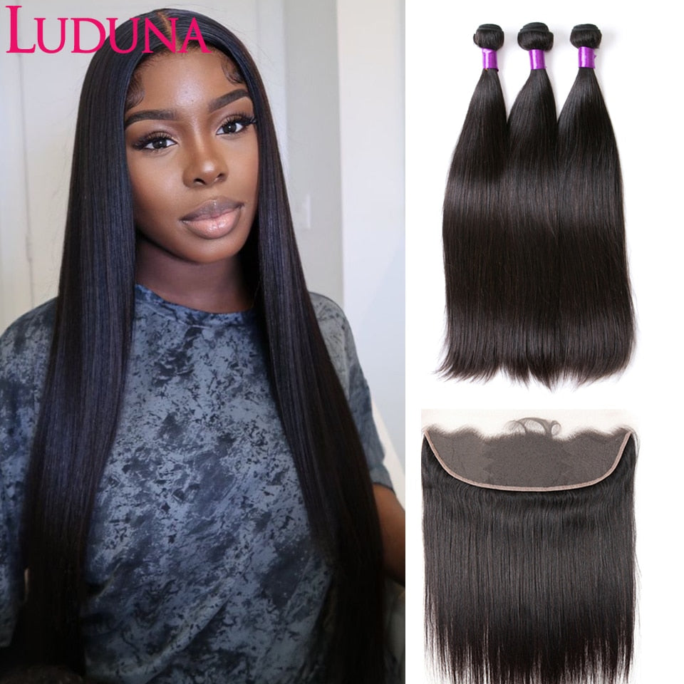 Luduna Bundles With Frontal Indian Straight Hair Bundles Human Hair Weave 3 Bundles With 13x4 Transparent Lace Frontal Remy Hair - SN Wigs & More