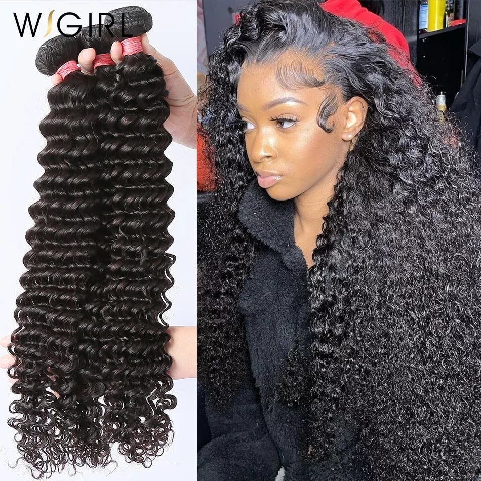 Wigirl Deep Wave 28 30 32 40 Inch Remy Brazilian Hair Weave Human Hair Bundles Natural Color 100% Curly Human Hair Extension - SN Wigs & More