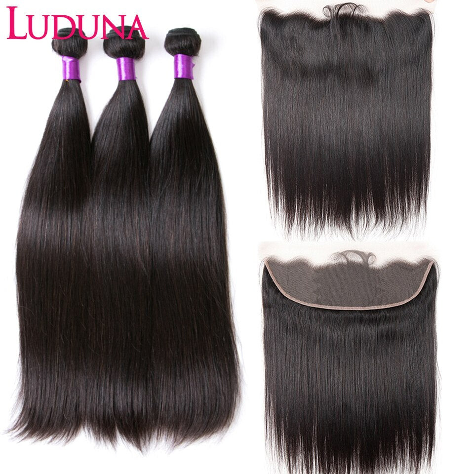 Luduna Bundles With Frontal Indian Straight Hair Bundles Human Hair Weave 3 Bundles With 13x4 Transparent Lace Frontal Remy Hair - SN Wigs & More