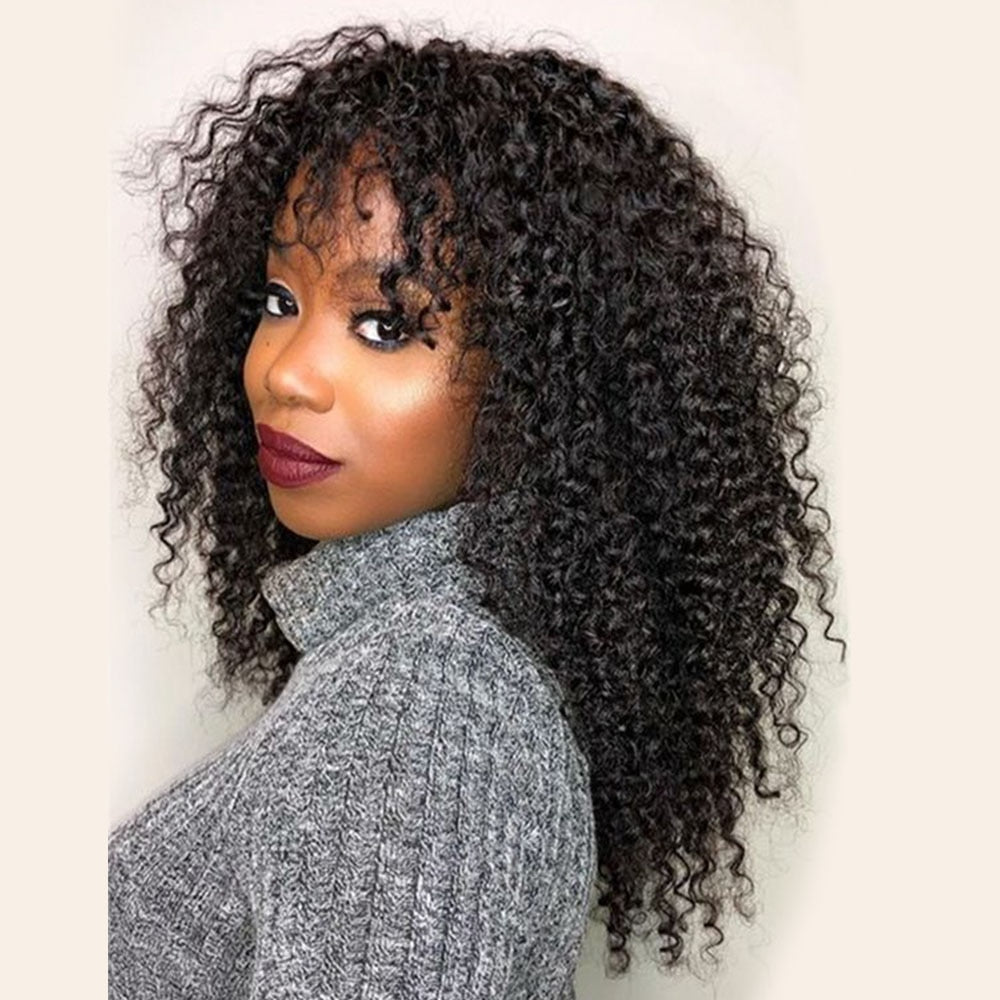 Jerry Curly Human Hair Wigs With Bangs Brazilian Remy Curly Human Hair Wigs For Women Full Machine Made No Lace Curly Fringe Wig - SN Wigs & More