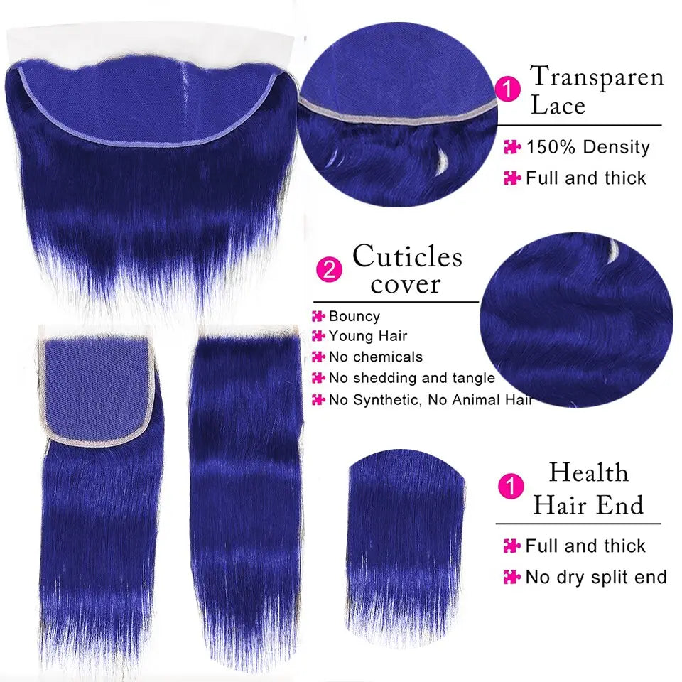 Blue Colored Bone Straight Bundles - SN Wigs & More