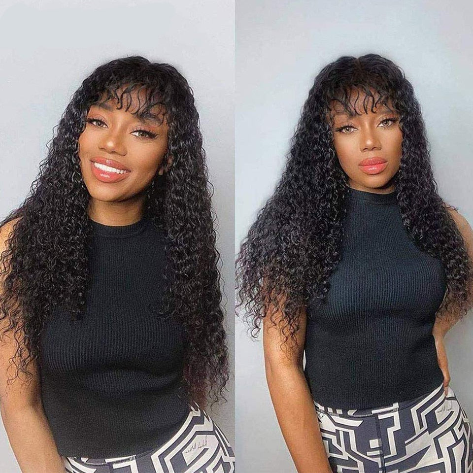 Jerry Curly Human Hair Wigs With Bangs Brazilian Remy Curly Human Hair Wigs For Women Full Machine Made No Lace Curly Fringe Wig - SN Wigs & More