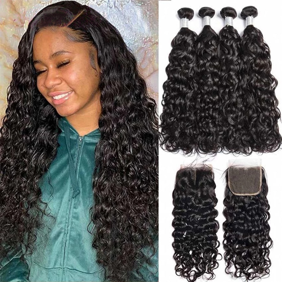 12A Malaysian Virgin Human Hair Water Wave Bundles With Closure 100% Unprocessed Deep Curly Ocean Wave Weave Hair Extensions - SN Wigs & More