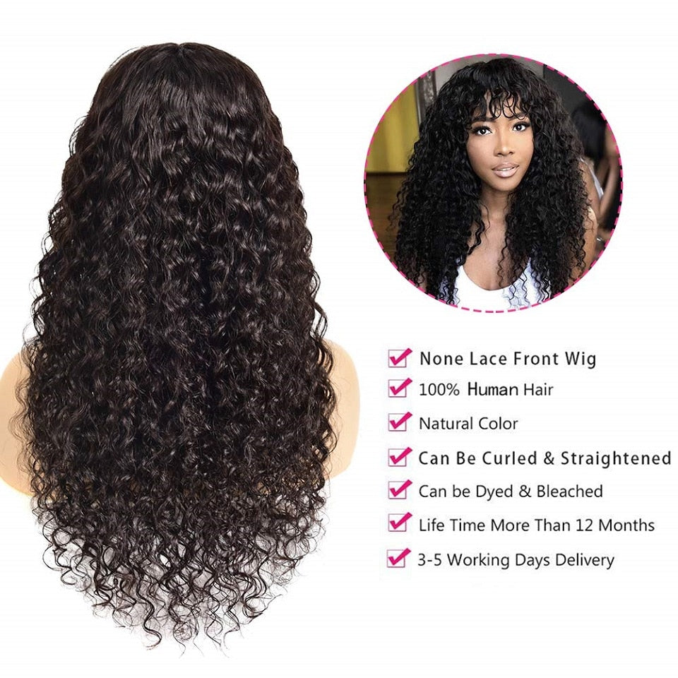 Jerry Curly Human Hair Wigs With Bangs Brazilian Remy Curly Human Hair Wigs For Women Full Machine Made No Lace Curly Fringe Wig - SN Wigs & More