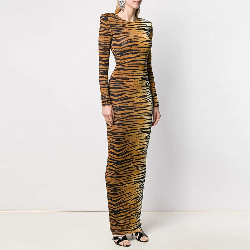 A4433 Wholesale Long Sleeve O Neck Zebra Stripe Fashion Women Dress Maxi