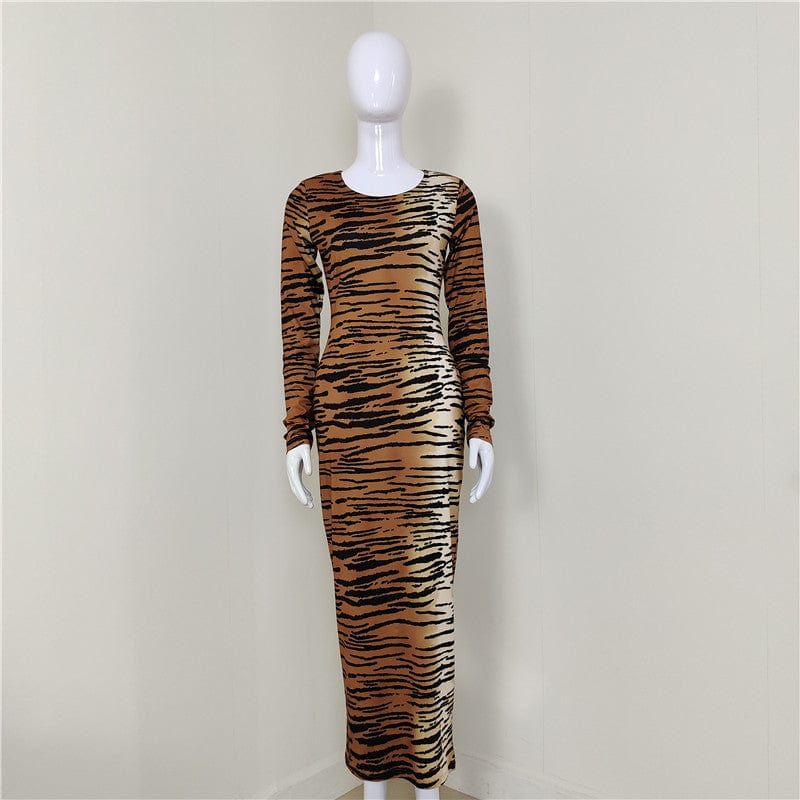 A4433 Wholesale Long Sleeve O Neck Zebra Stripe Fashion Women Dress Maxi